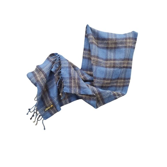 100% Baby Alpaca Wool Scarf Blue Plaid Design Fringed Edges - Picture 3 of 11